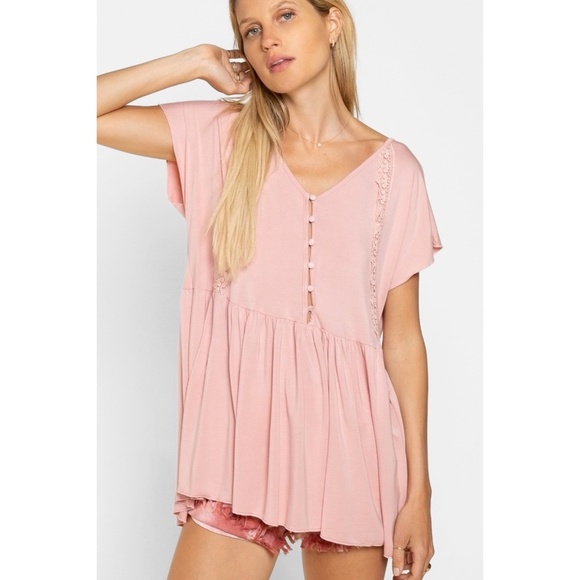POL Pink Rayon V Neck Half Button Short Sleeve Babydoll Tunic Top - Picture 7 of 7